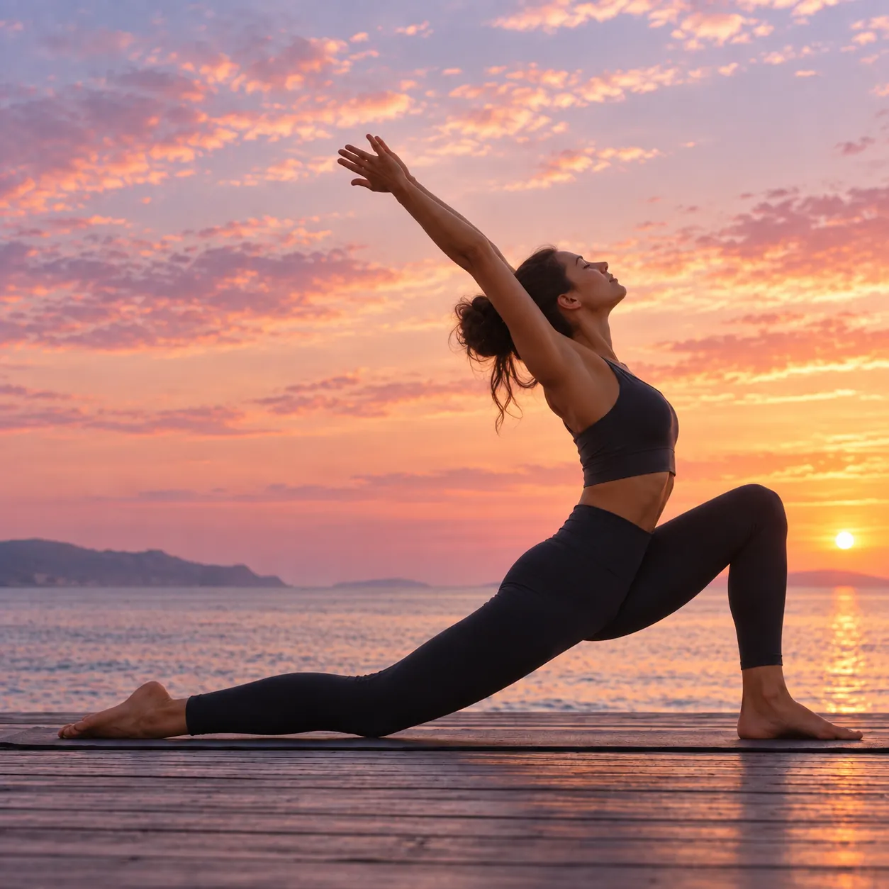 A person practicing yoga on a waterfront deck at sunset
